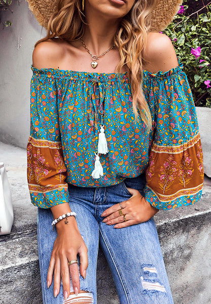 Off-Shoulder Tassel Tie Blouse