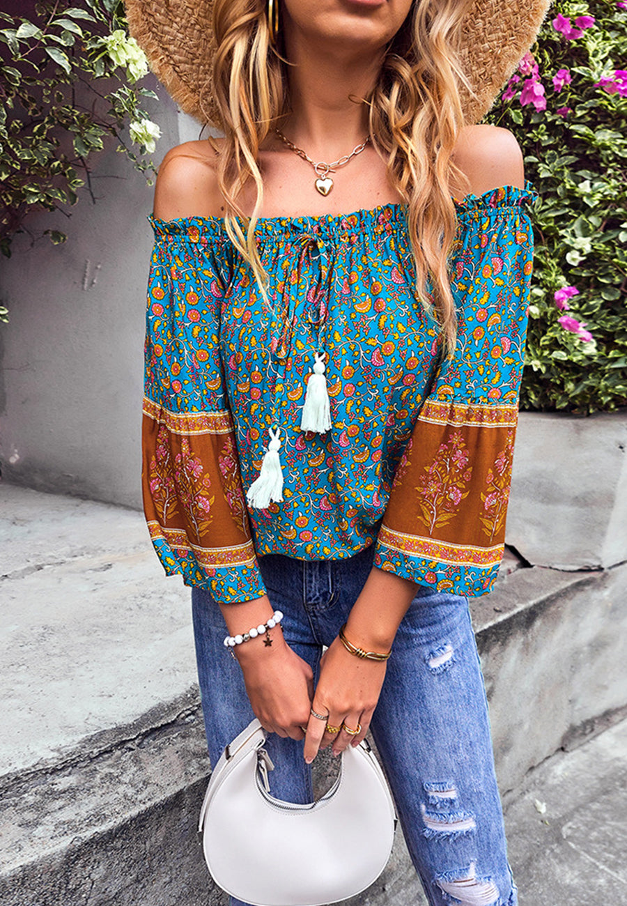 Off-Shoulder Tassel Tie Blouse