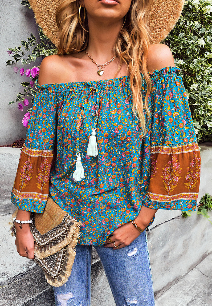 Off-Shoulder Tassel Tie Blouse