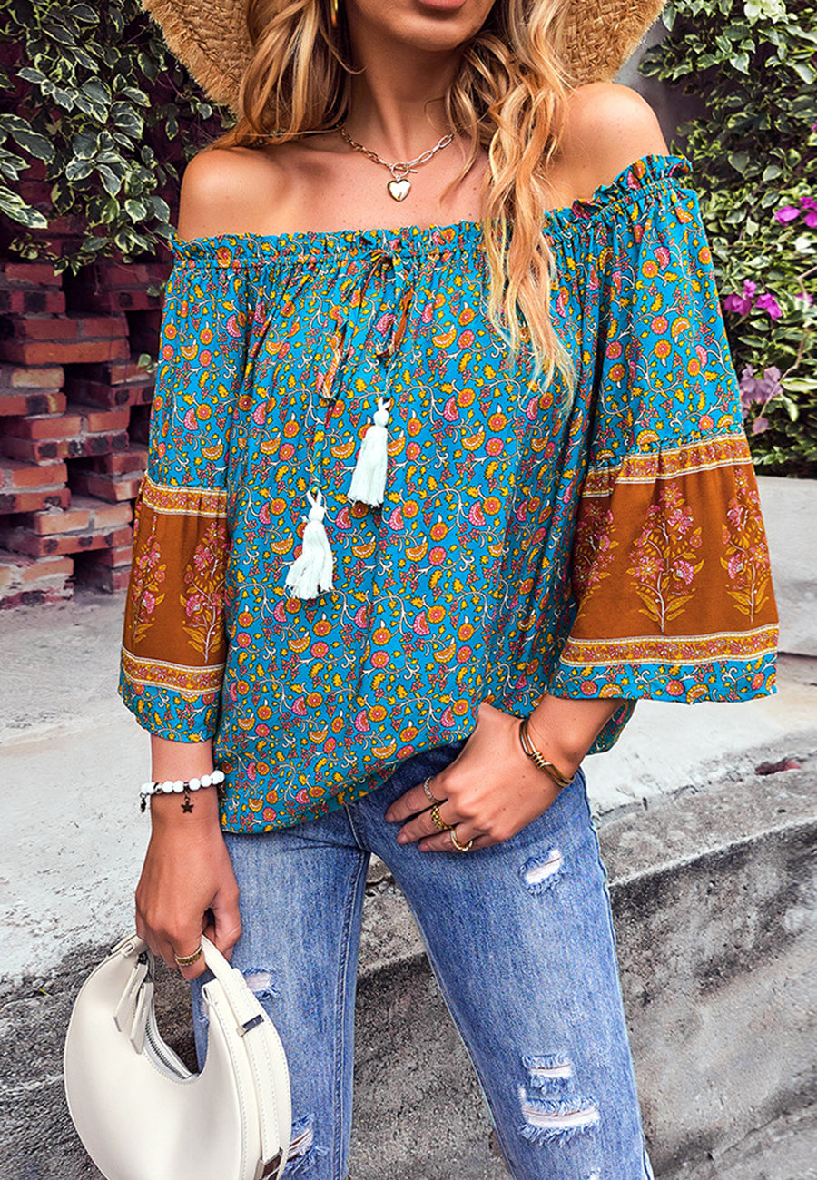 Off-Shoulder Tassel Tie Blouse