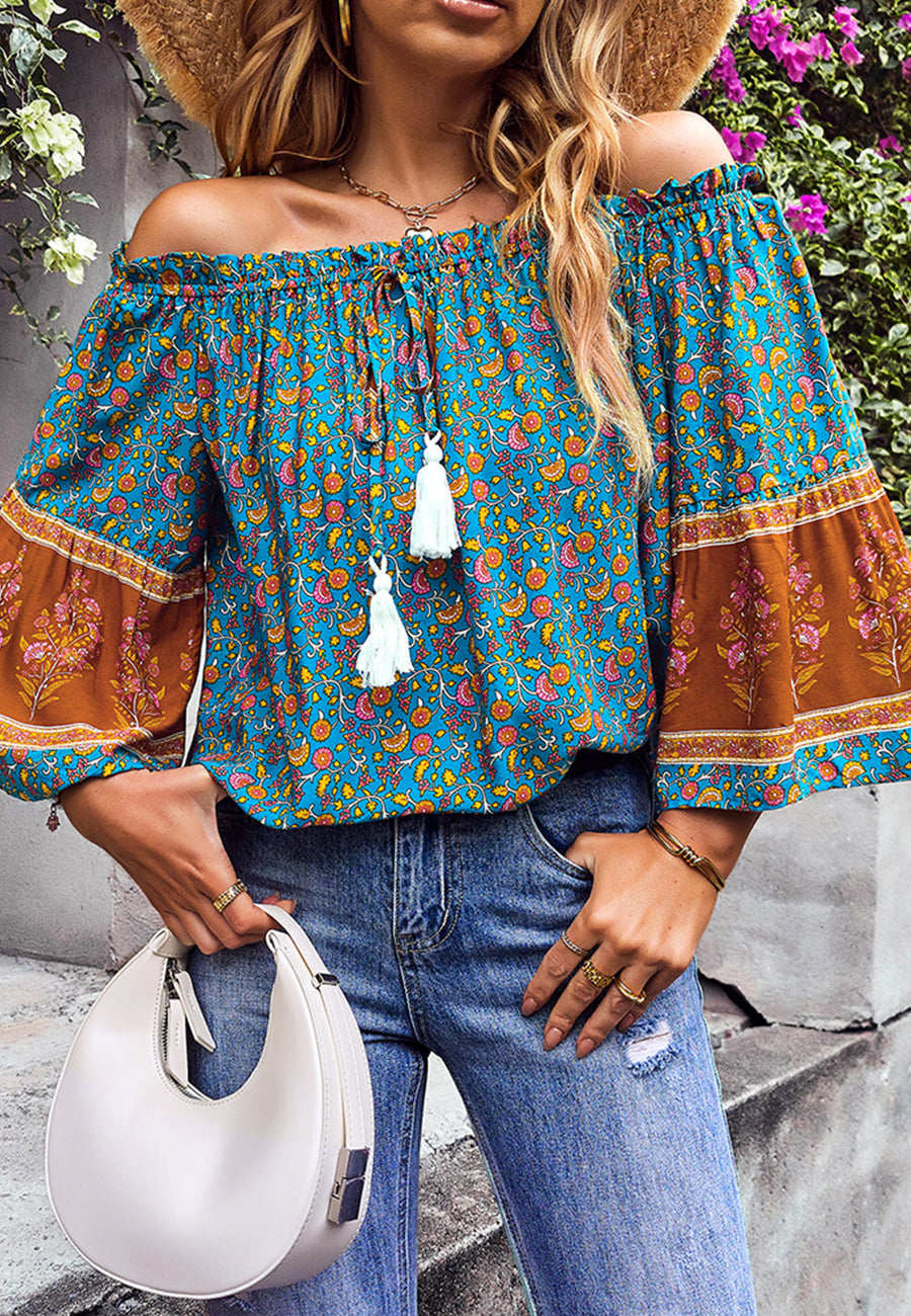 Off-Shoulder Tassel Tie Blouse