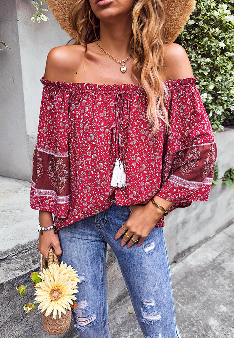 Off-Shoulder Tassel Tie Blouse