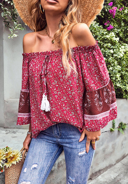 Off-Shoulder Tassel Tie Blouse