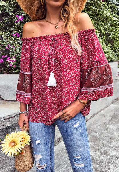 Off-Shoulder Tassel Tie Blouse