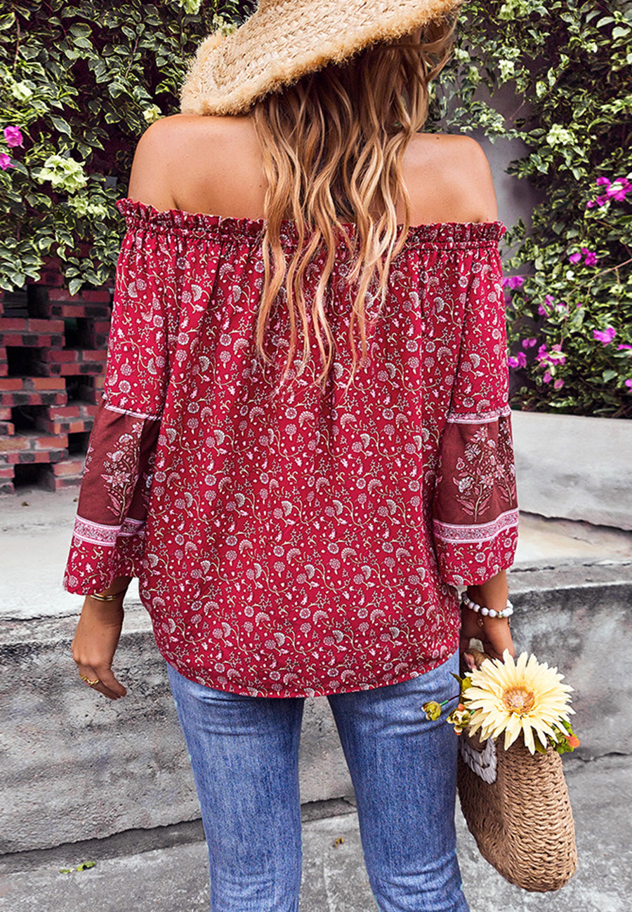 Off-Shoulder Tassel Tie Blouse