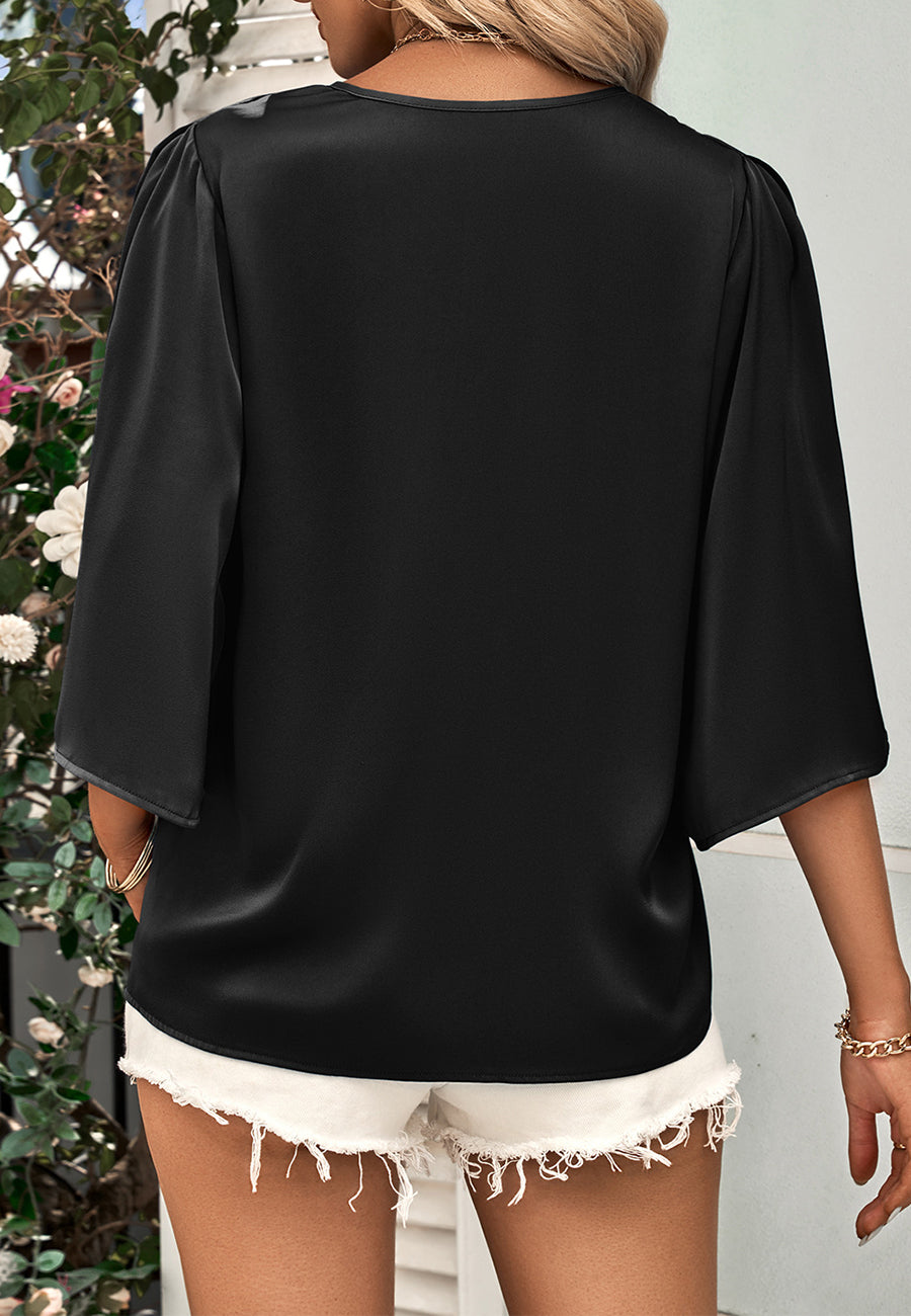 V Neck Elbow Sleeve Blouse