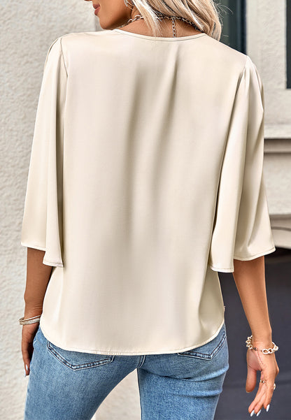 V Neck Elbow Sleeve Blouse