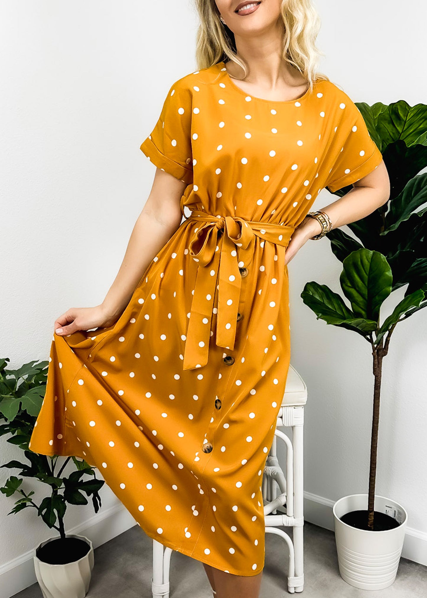 Polka Dot Contrast Button Dress