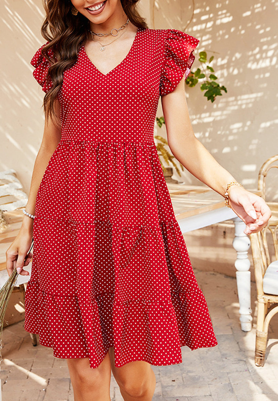 Polka Dot Ruffle Shoulder Dress