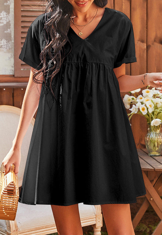 Solid V Neck Babydoll Dress