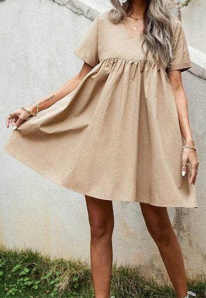 Solid V Neck Babydoll Dress