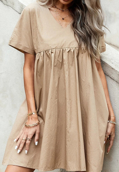 Solid V Neck Babydoll Dress