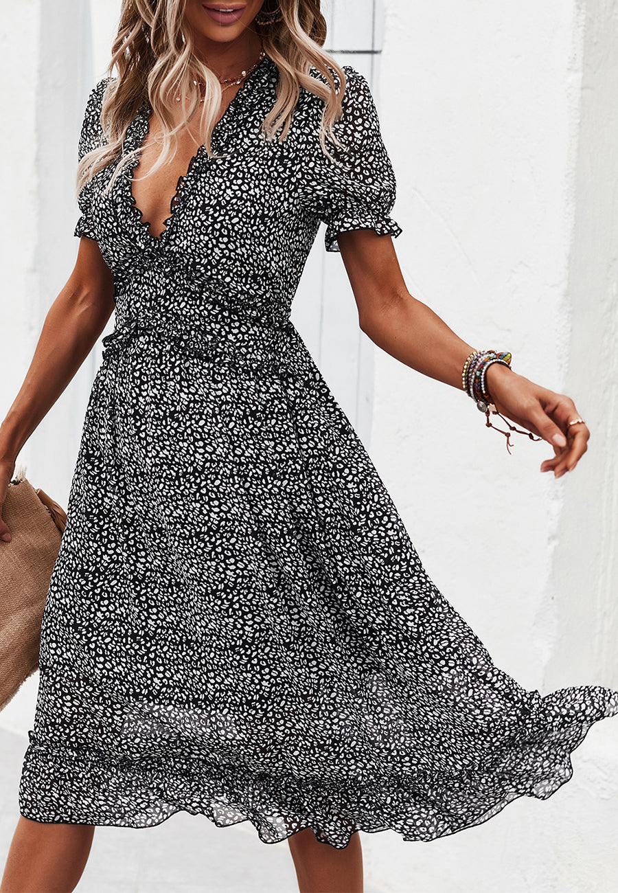 Plunge Neck Ruffle Detail Leopard Print Dress Mid-Calf Length – Anna-Kaci