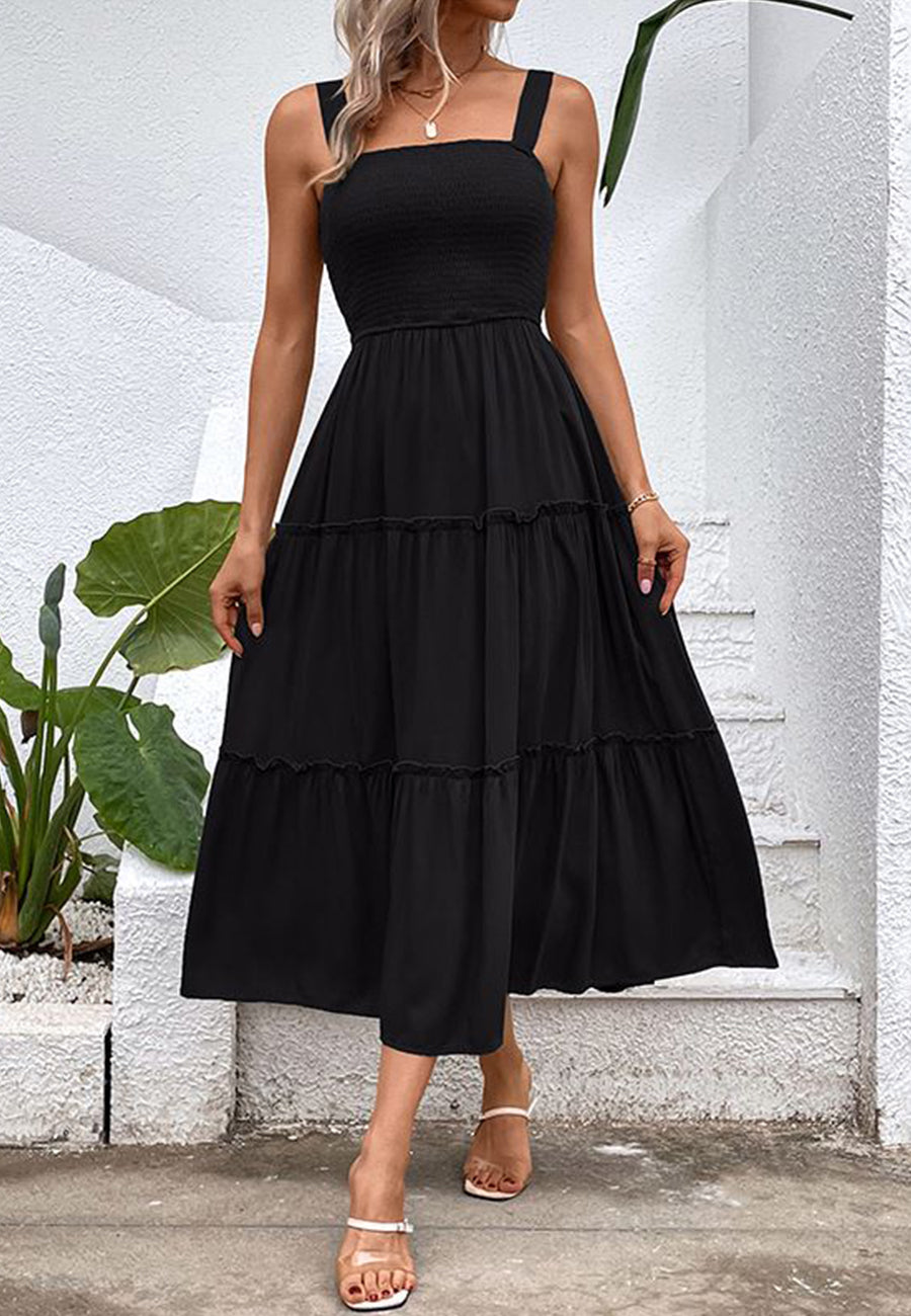 Long Shirred Blouse Square Shape Neck Strapped Ruffle Pleated Dress ...