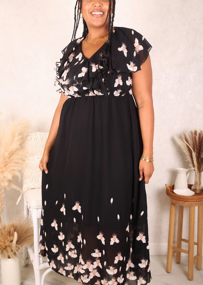 Plus Size White Petals Floral Maxi Dress, Black