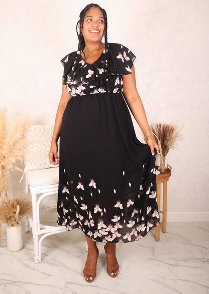 Plus Size White Petals Floral Maxi Dress, Black