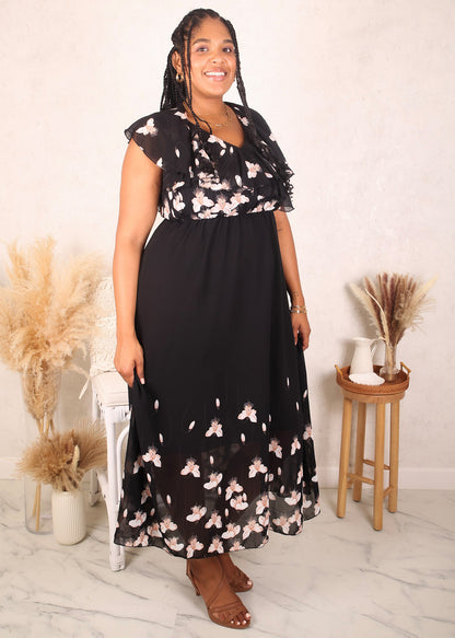 Plus Size White Petals Floral Maxi Dress, Black