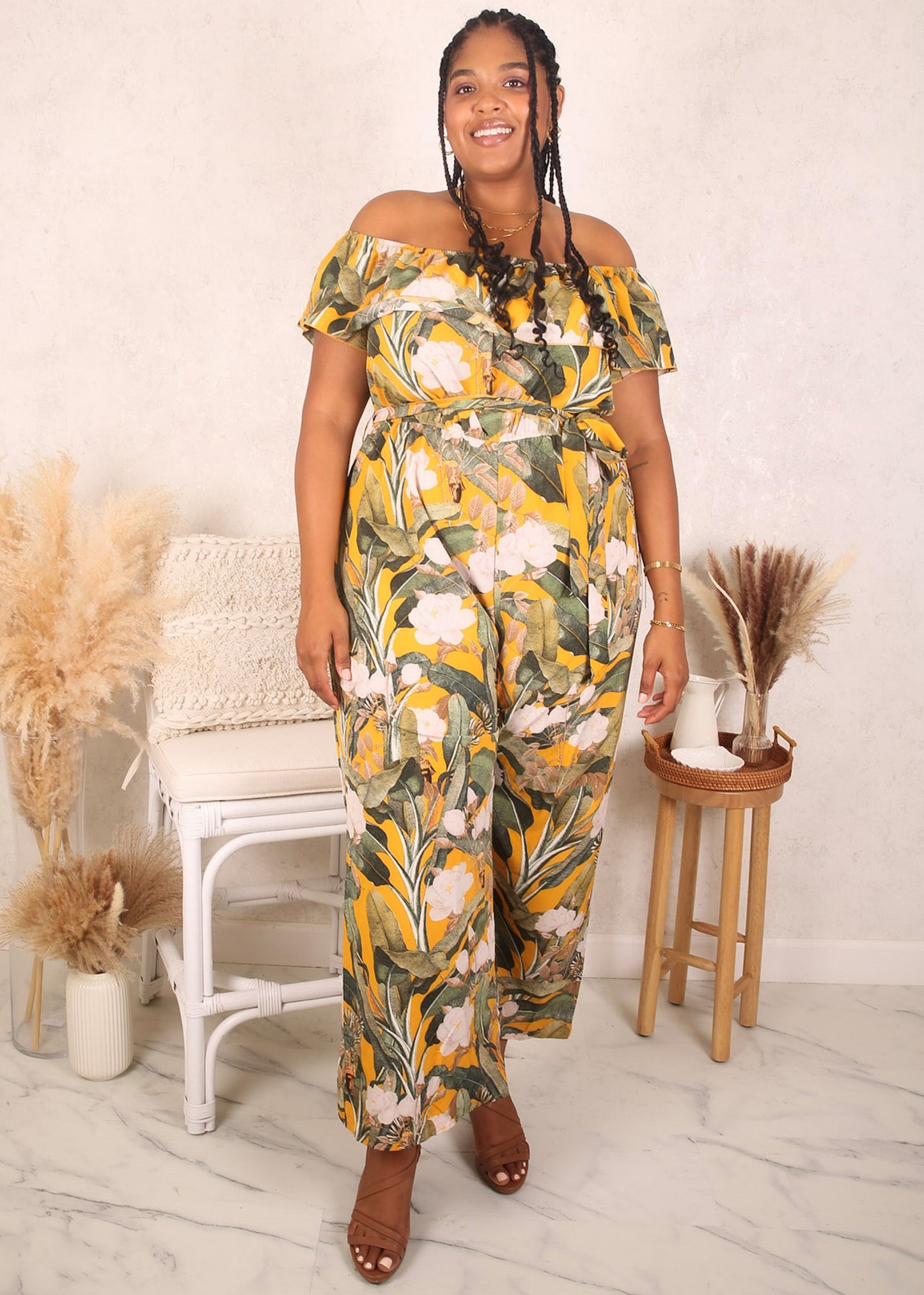 Plus Size Tropical Floral Jumpsuit, Yellow