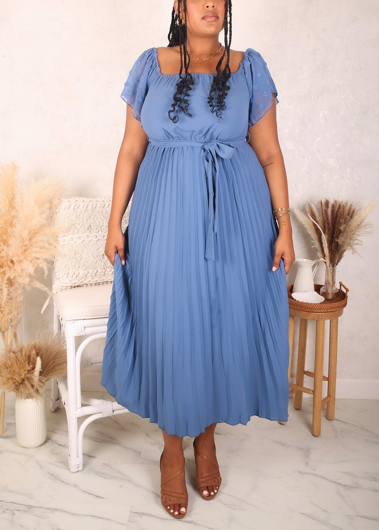 Off shoulder pleated dress hotsell