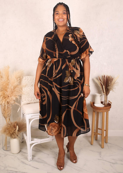 Plus Size Contrast Golden Floral Dress, Black