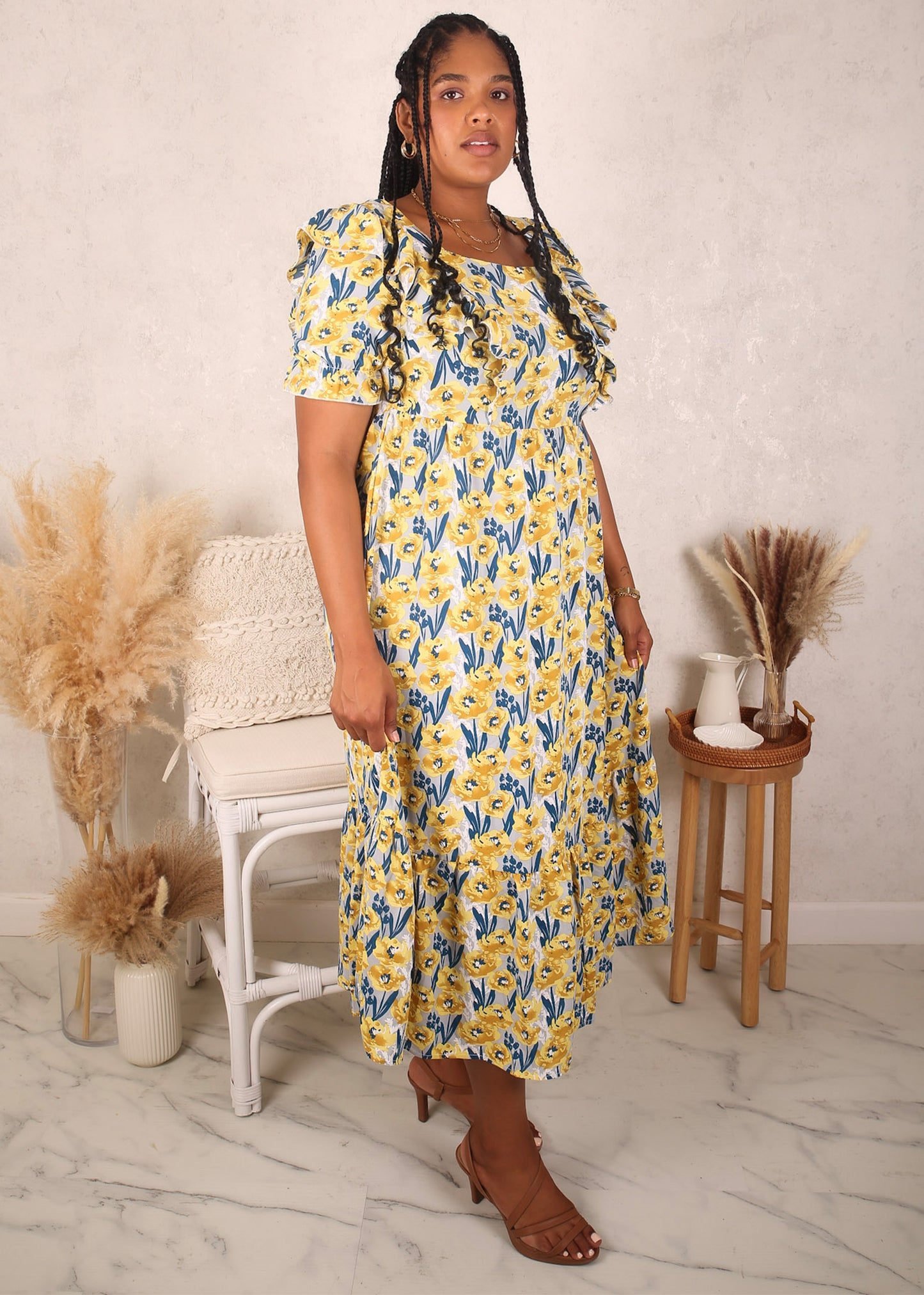 Plus Size Ruffle Front Dress, Yellow