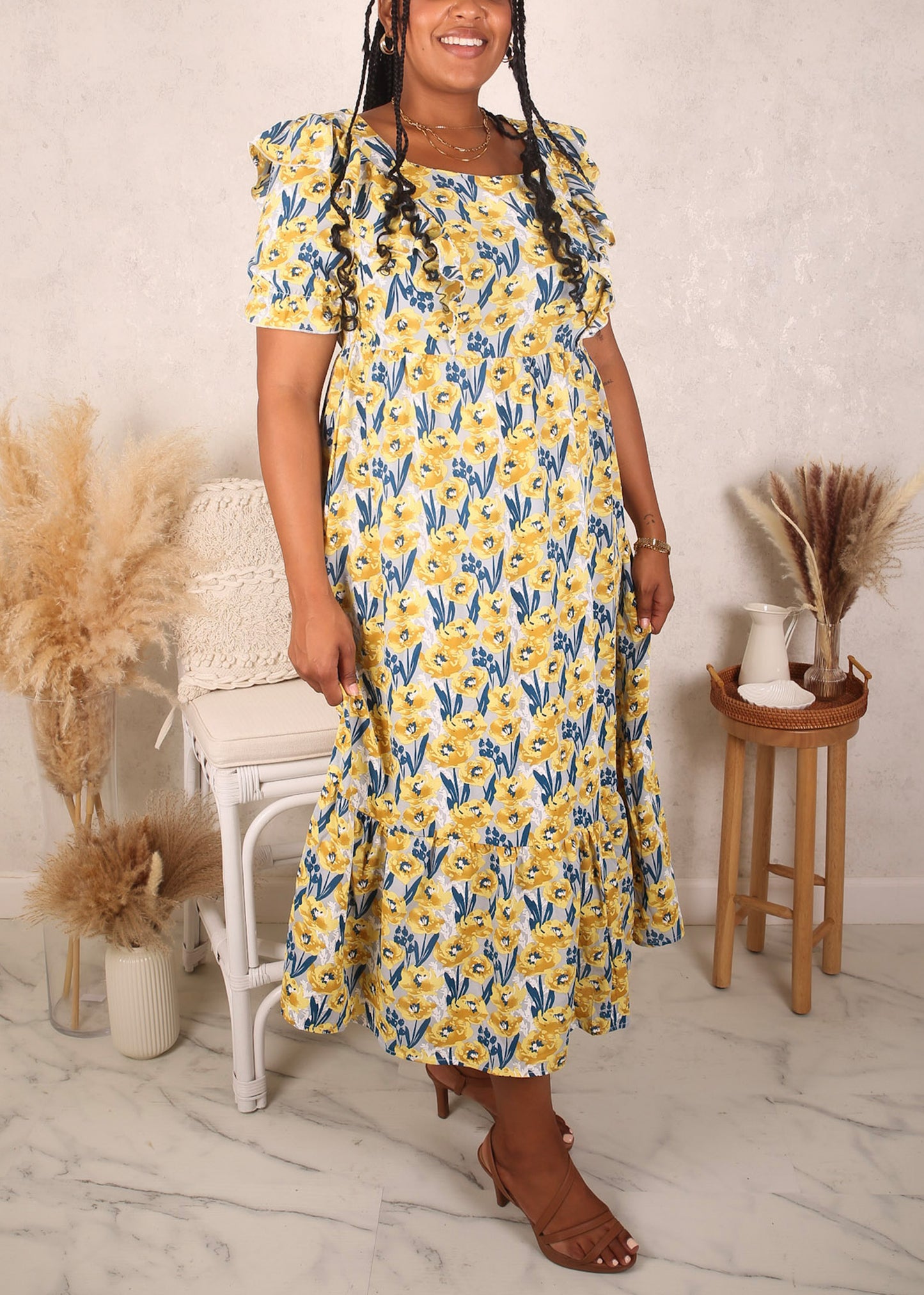 Plus Size Ruffle Front Dress, Yellow