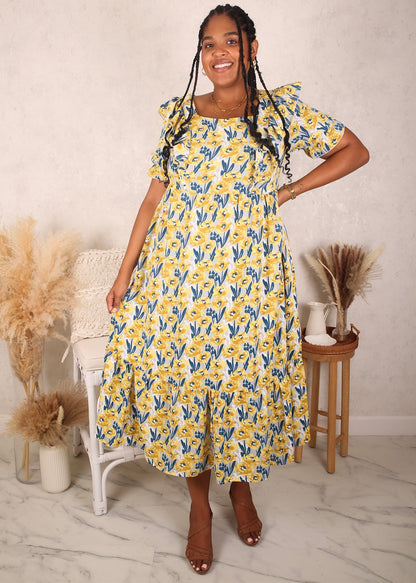 Plus Size Ruffle Front Dress, Yellow