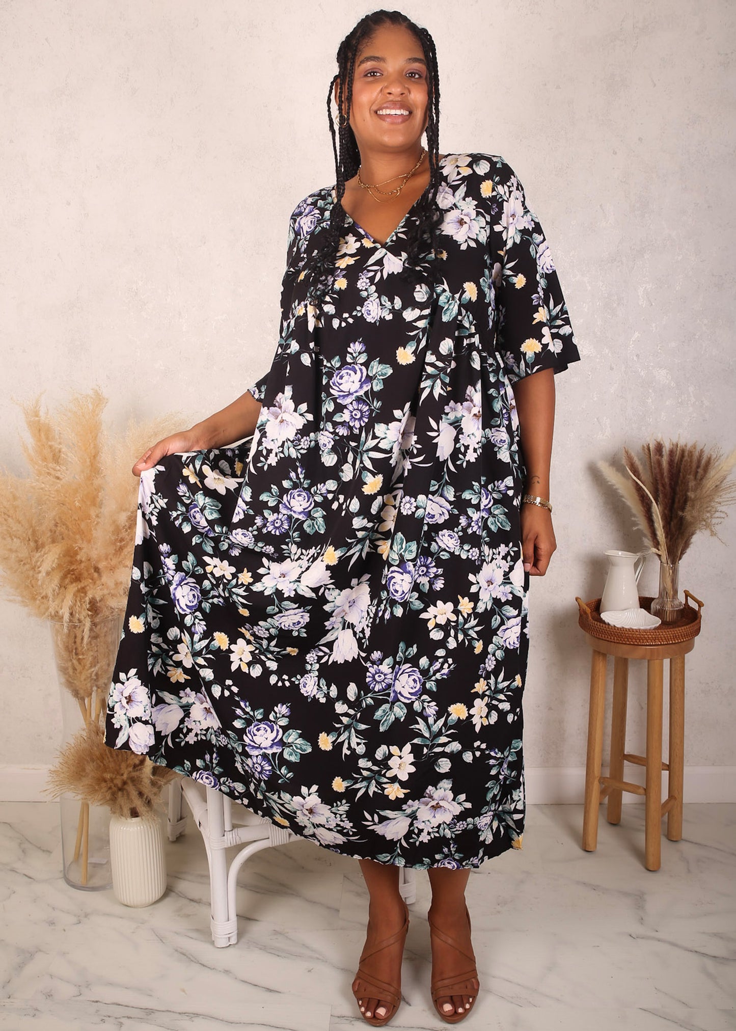 Plus Size Elbow Sleeve Floral Dress, Black