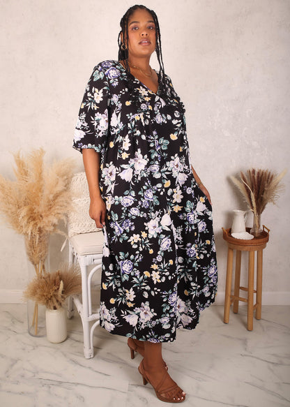 Plus Size Elbow Sleeve Floral Dress, Black