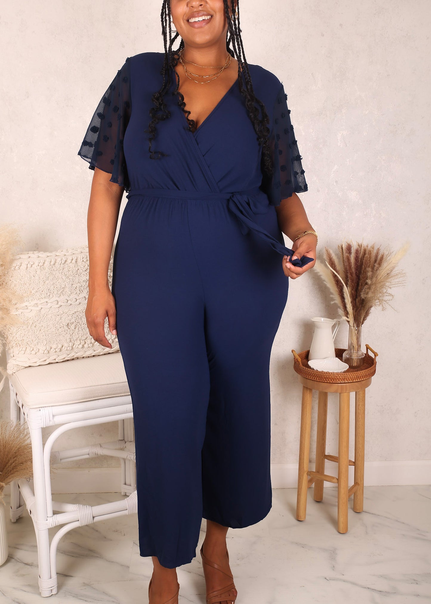 Plus Size Swiss Dot Sleeve Jumpsuit, Navy