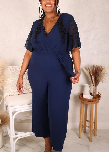 Plus Size Swiss Dot Sleeve Jumpsuit, Navy