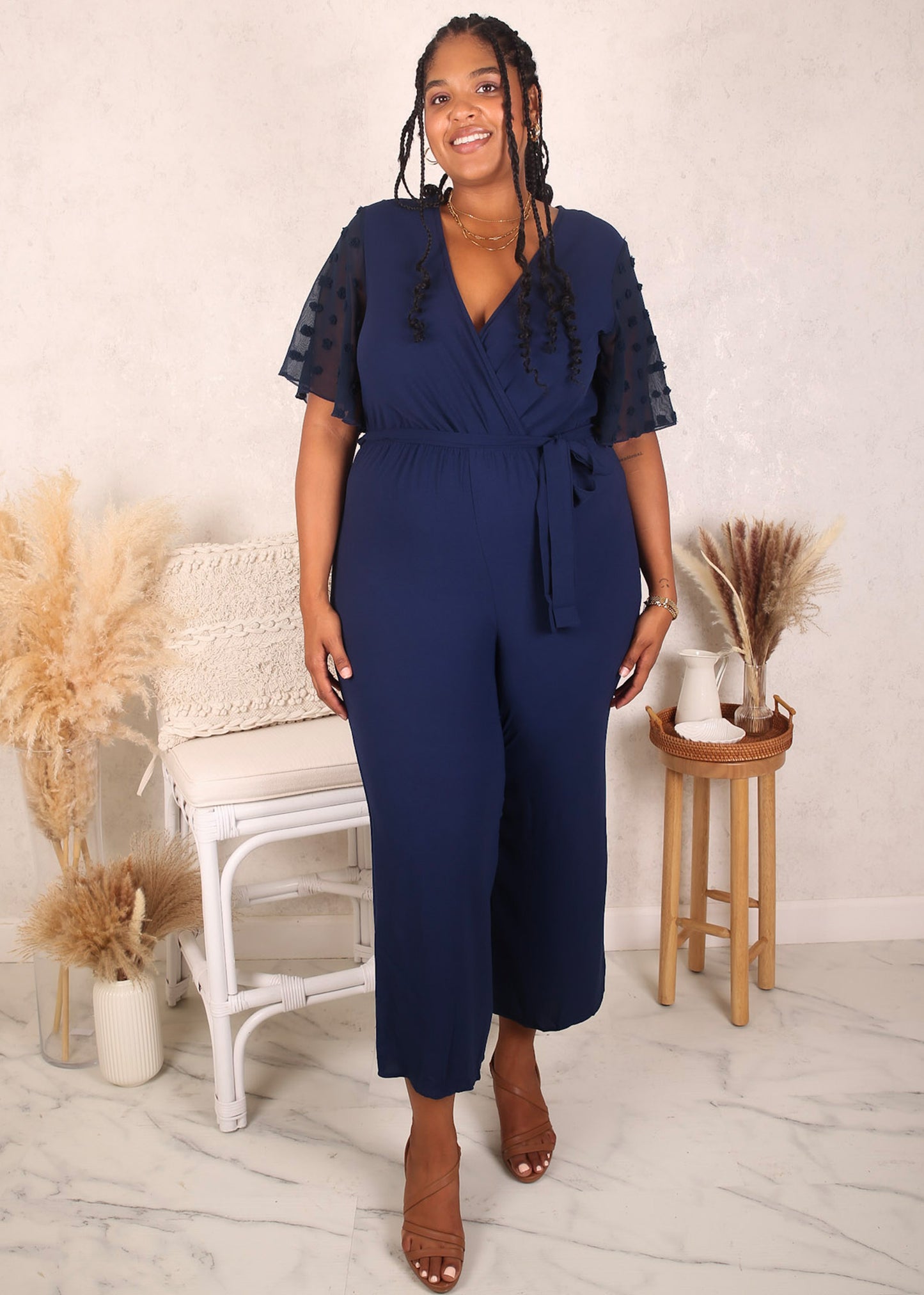 Plus Size Swiss Dot Sleeve Jumpsuit, Navy