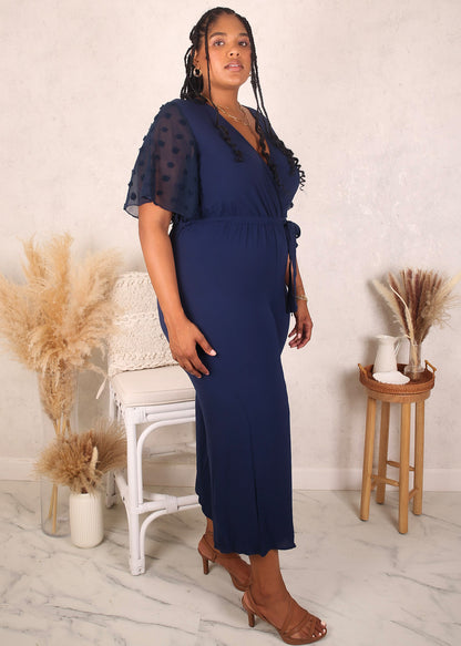 Plus Size Swiss Dot Sleeve Jumpsuit, Navy