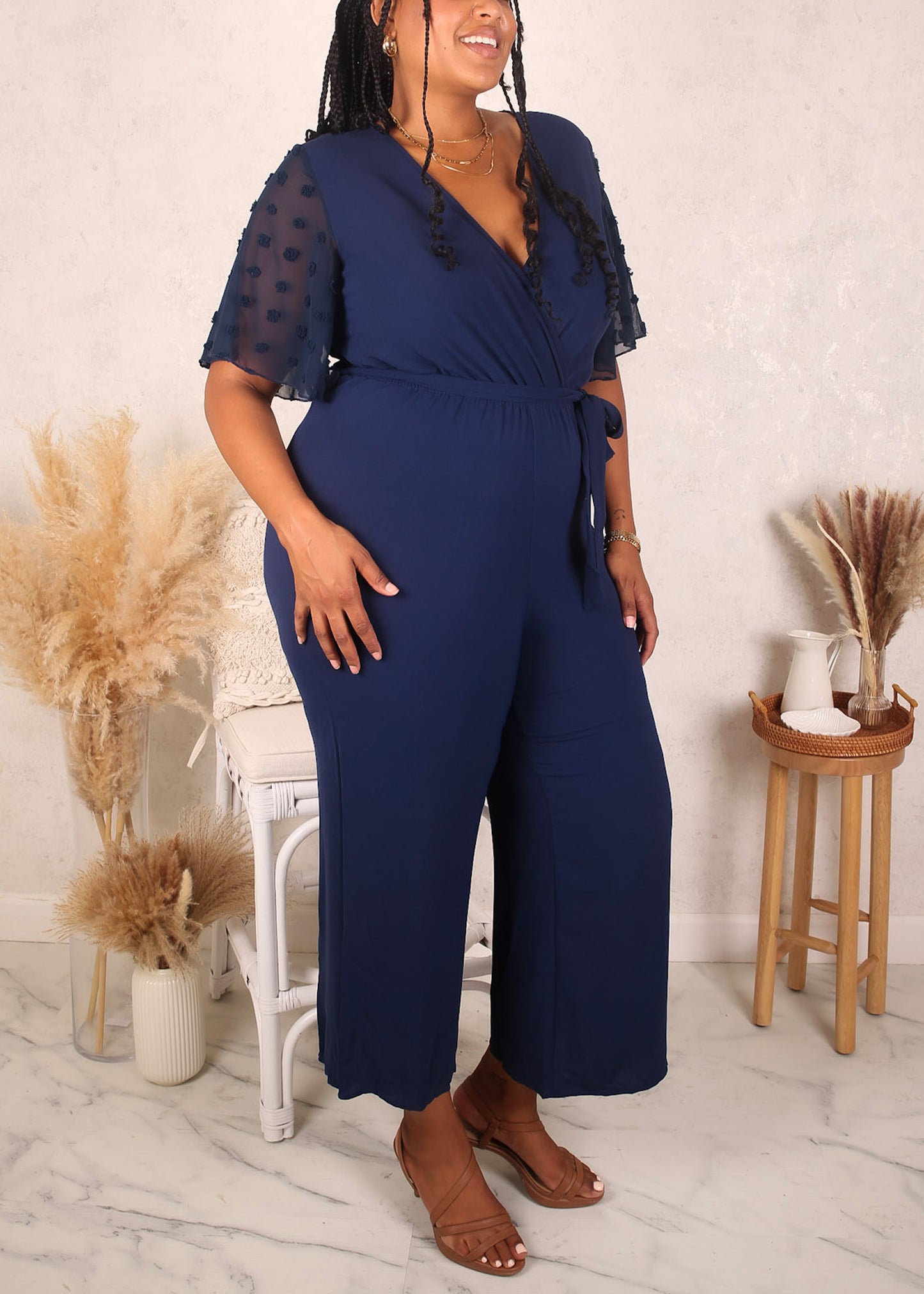 Plus Size Swiss Dot Sleeve Jumpsuit, Navy