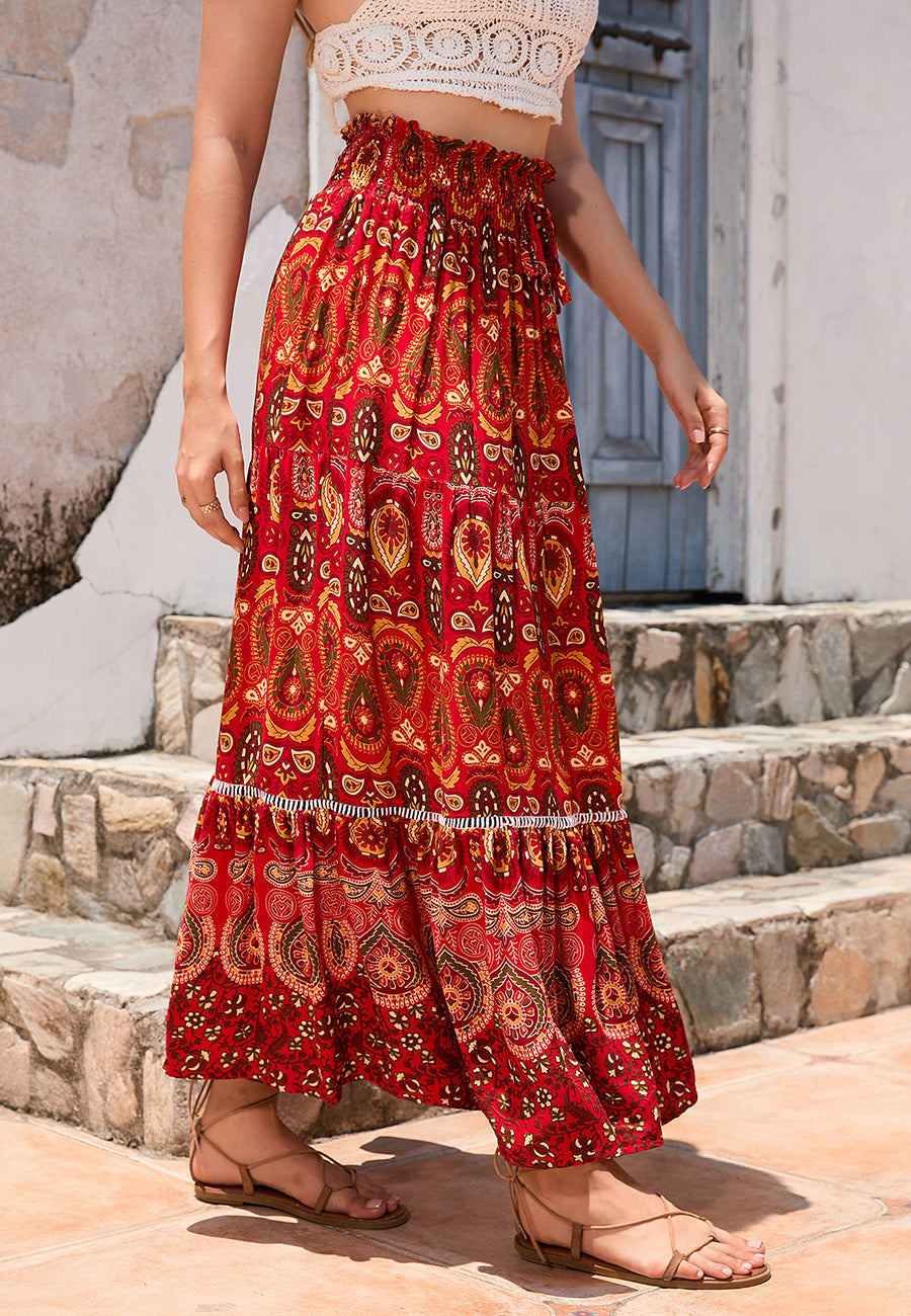 Bohemian Shirred High Waist Layered Flare Skirt for Women – Anna-Kaci