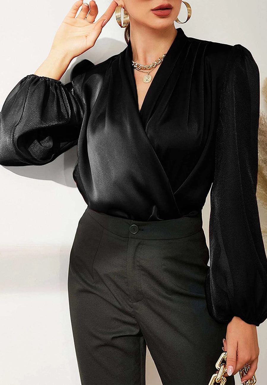 Sheer Bishop Sleeve Surplice Neck Long Sleeve Blouse for Women – Anna-Kaci