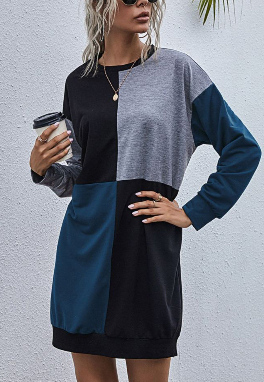 Color Block Drop Shoulder Sweater Dress for Women Above Knee