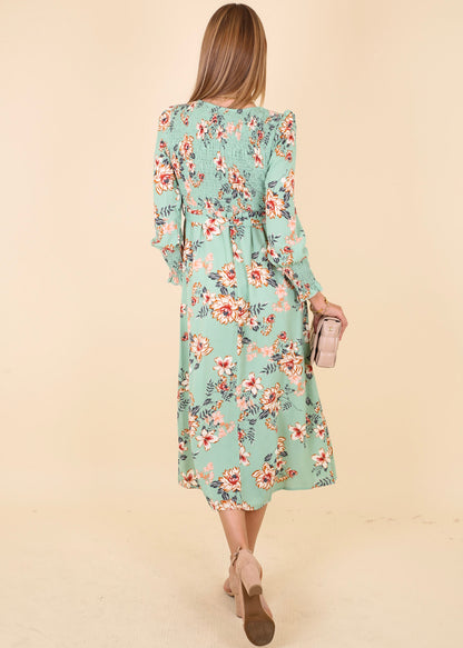 Scoop Neck Shirred Floral Dress