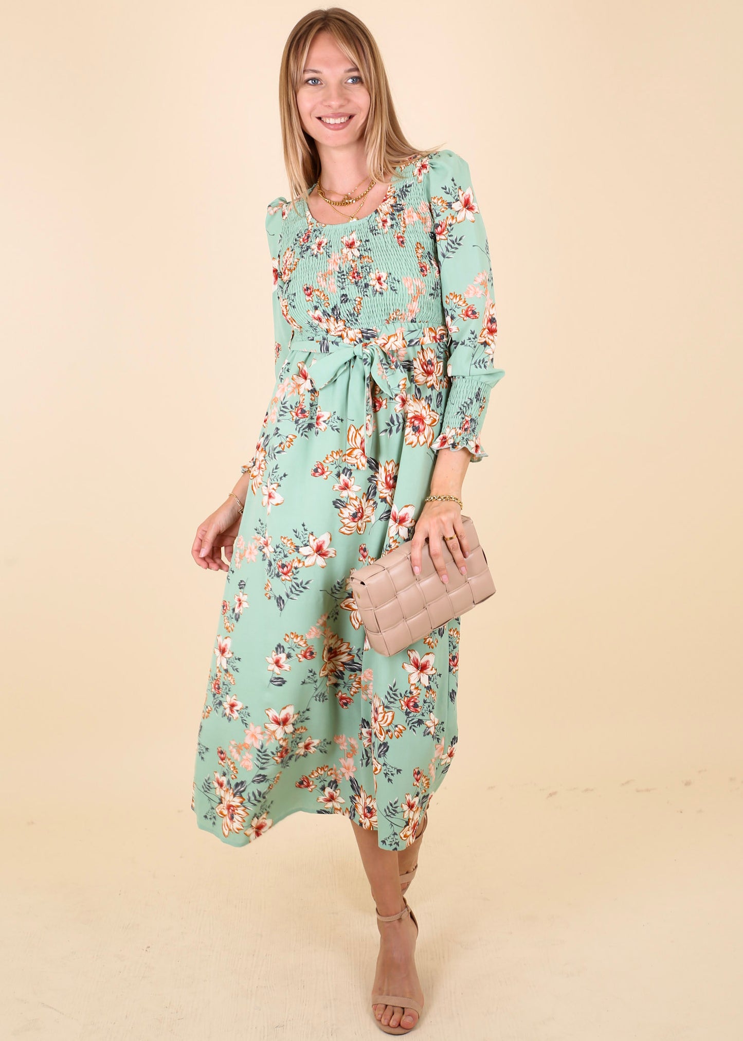 Scoop Neck Shirred Floral Dress