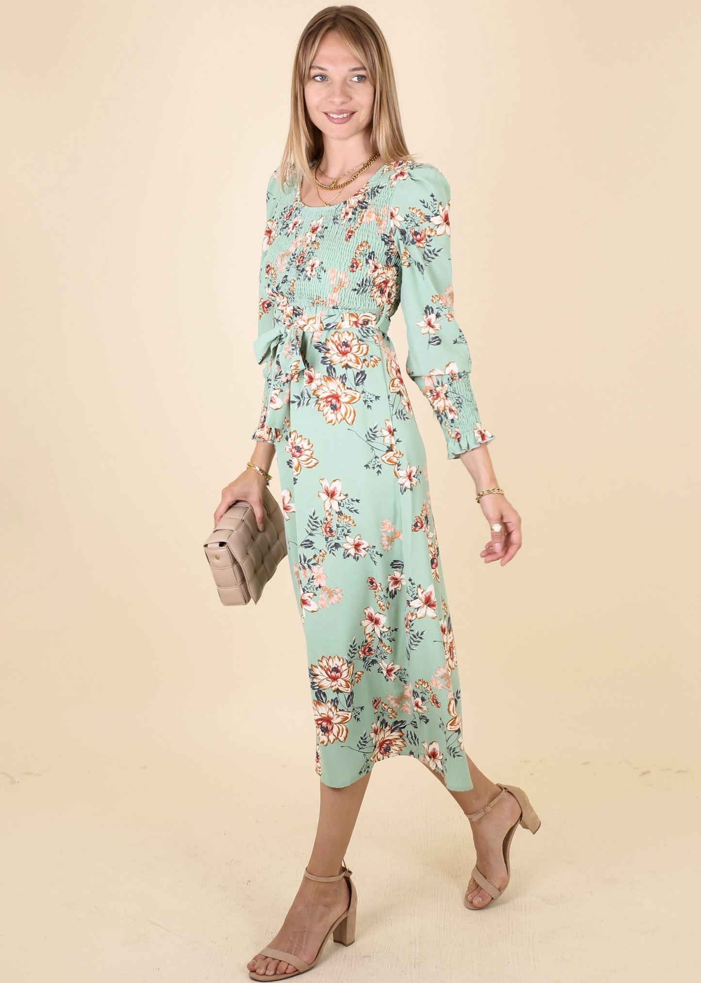 Scoop Neck Shirred Floral Dress