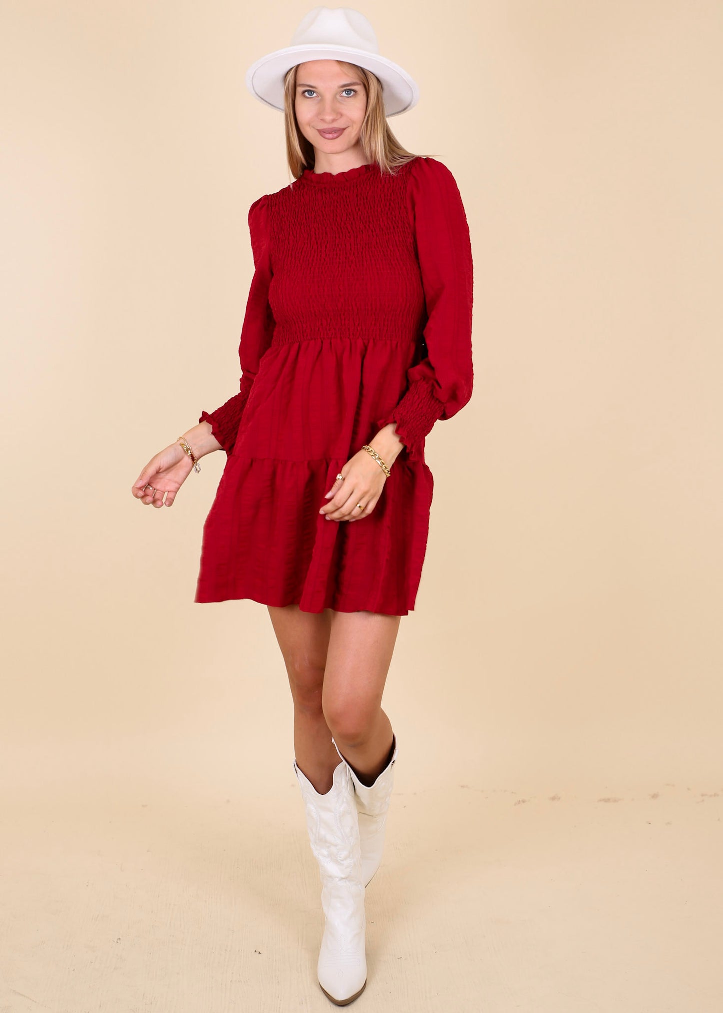 Jewel Neck Shirred Dress