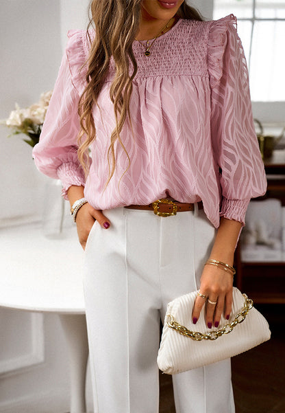 Wavy Textured Ruffle Shoulder Blouse