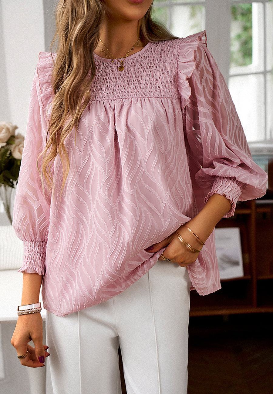 Wavy Textured Ruffle Shoulder Blouse