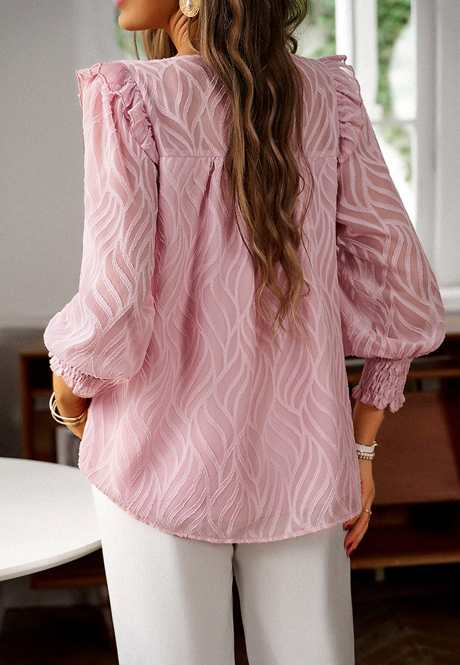 Wavy Textured Ruffle Shoulder Blouse