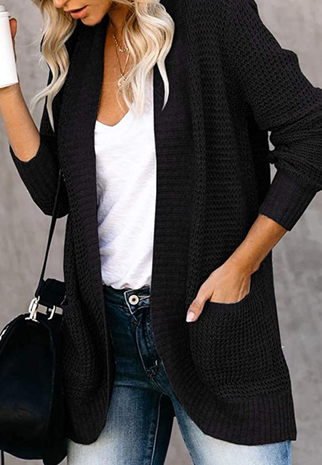 Solid Color Front Dual Pockets Long Sleeves Round Hem Knitted Cardigan ...
