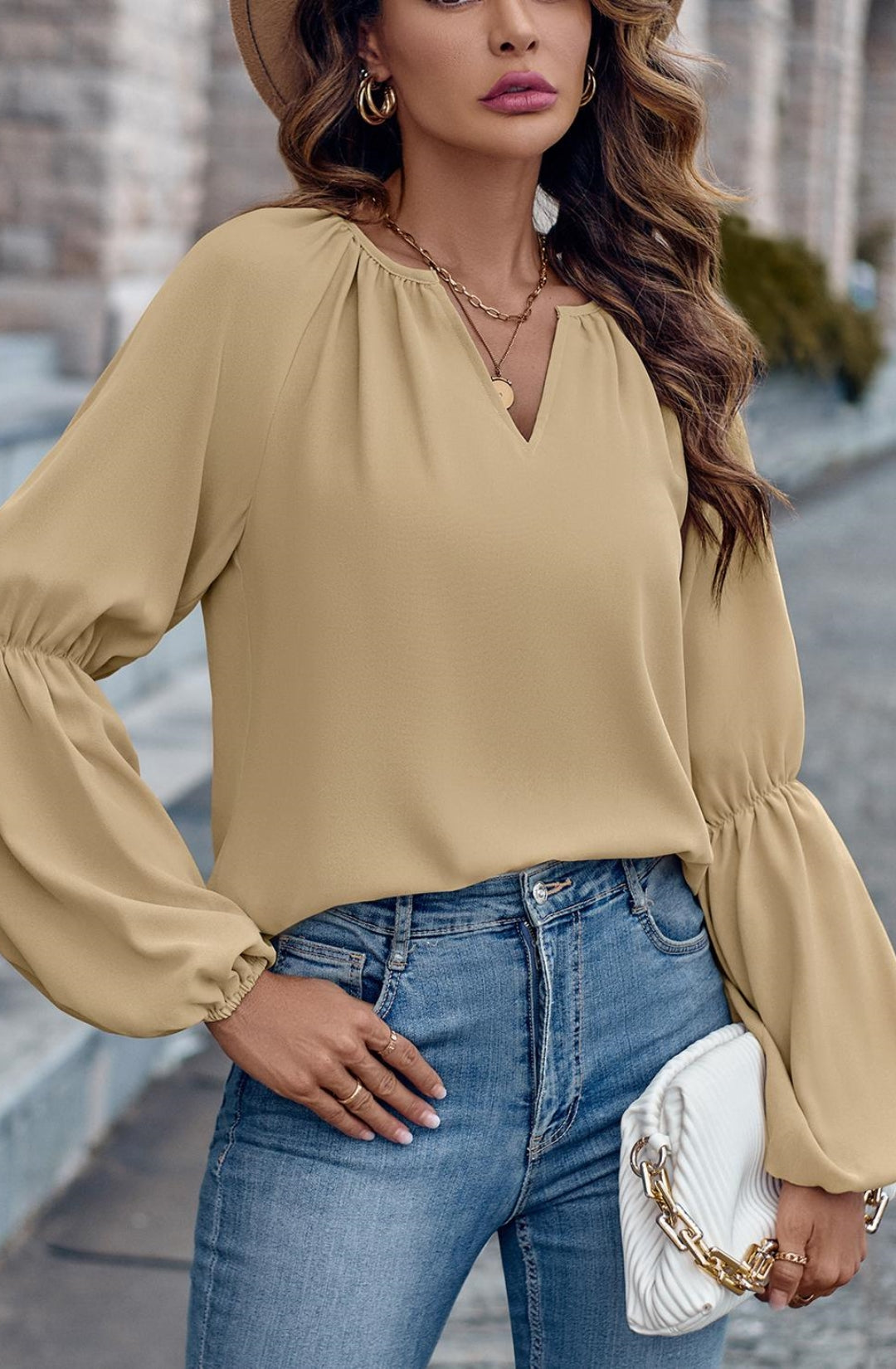 Solid Double Puff Sleeve Blouse