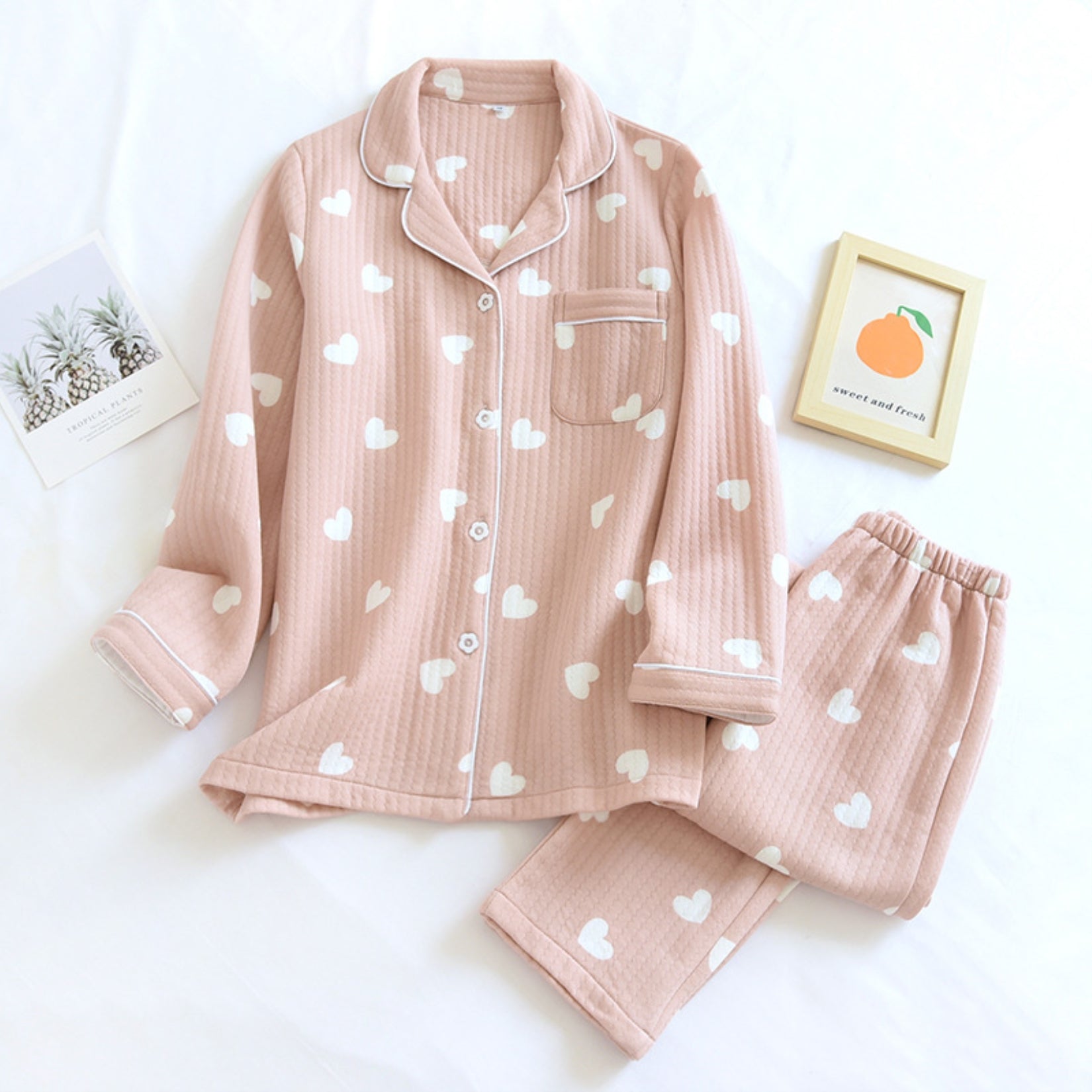 Heart Pattern Textured Pajama Shirt and Pants Coordinates for Women ...