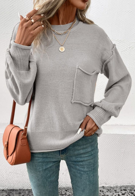 Textured Knit Drop Shoulder Pocket Sweater