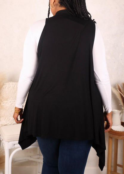 Plus Size Boho Open Front Crochet Cover Up Sleeveless Shawl Cardigan Vest, Solid Black