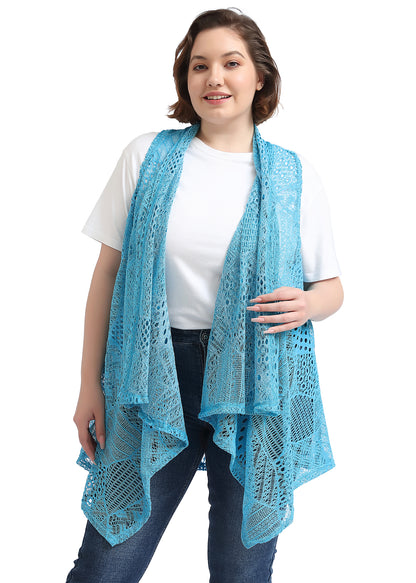 Chaleco tipo cárdigan tipo chal sin mangas con abertura frontal de crochet estilo bohemio de talla grande, azul